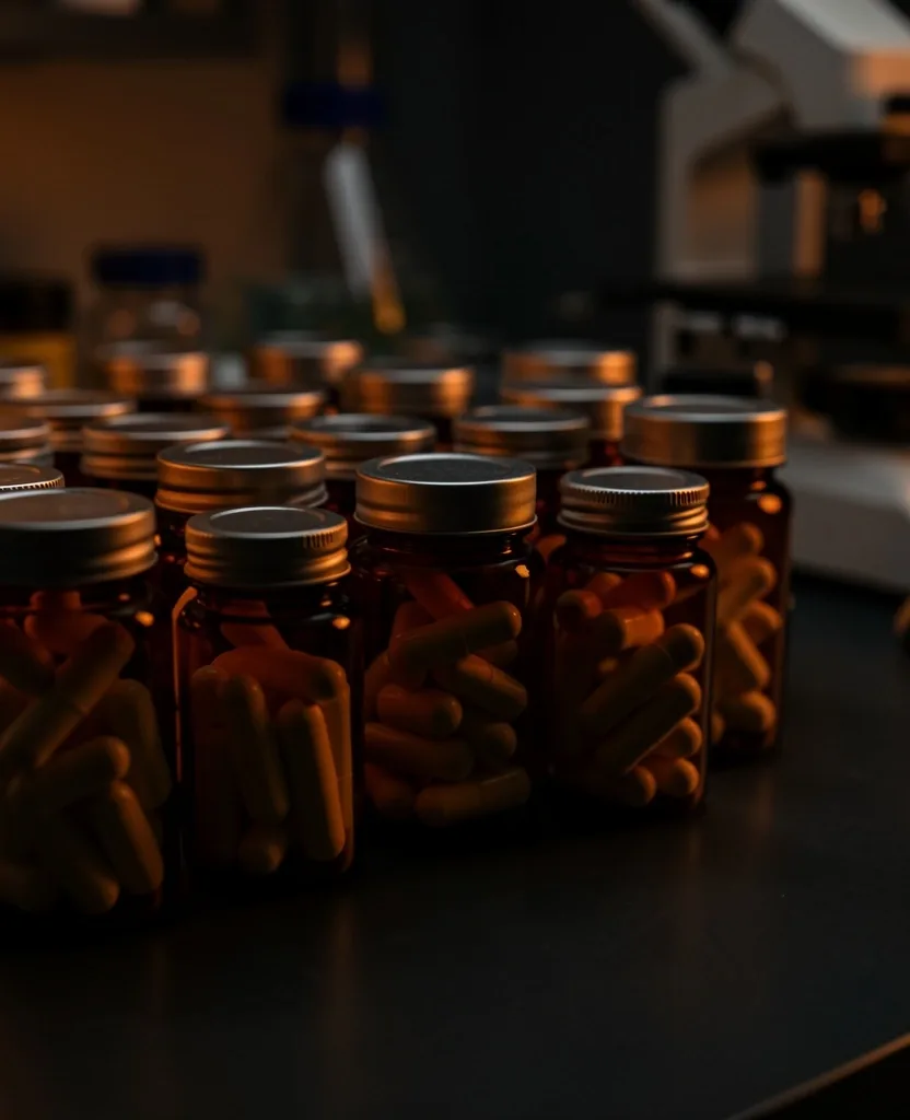 Natural supplement capsules on dark surface