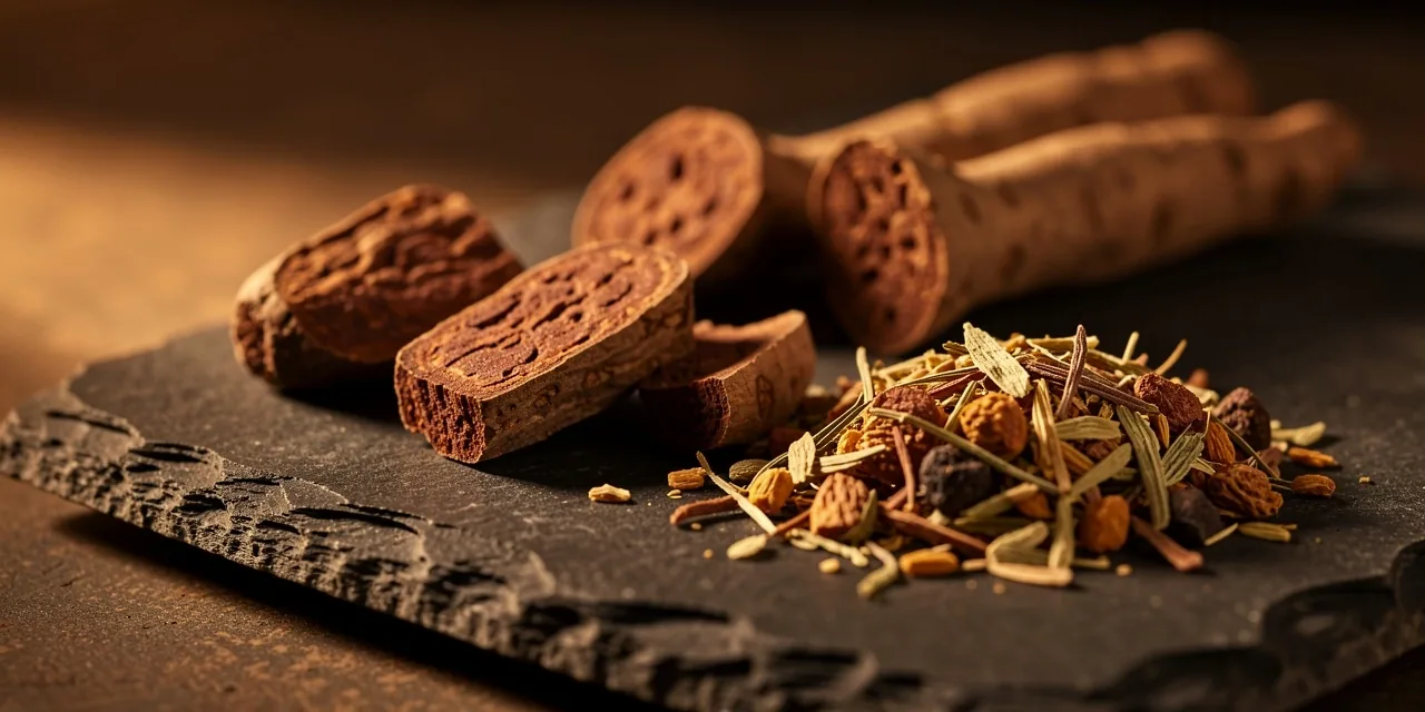 Botanical ingredients on a dark surface