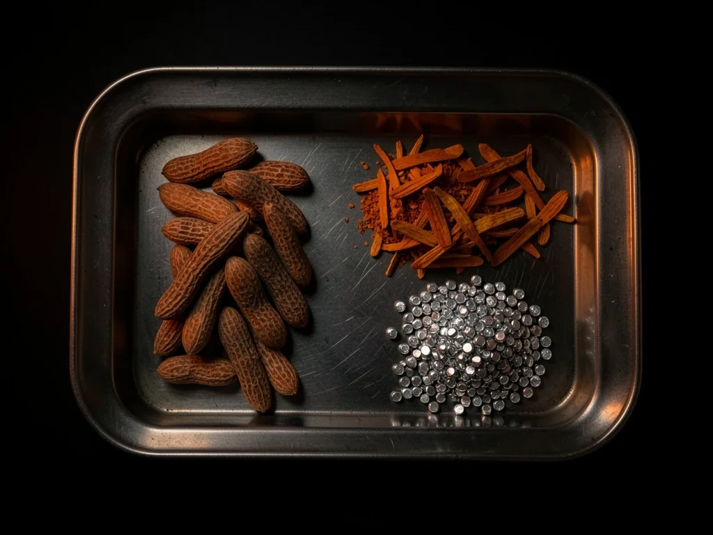 Organized botanical ingredients on a lab tray