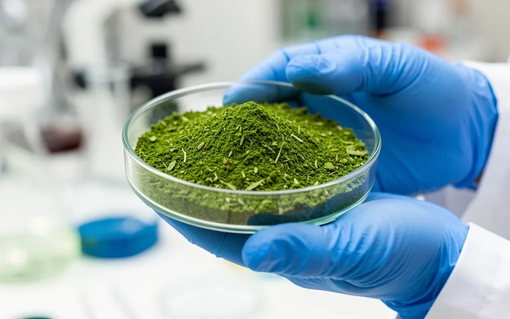 Botanical ingredients on a laboratory surface