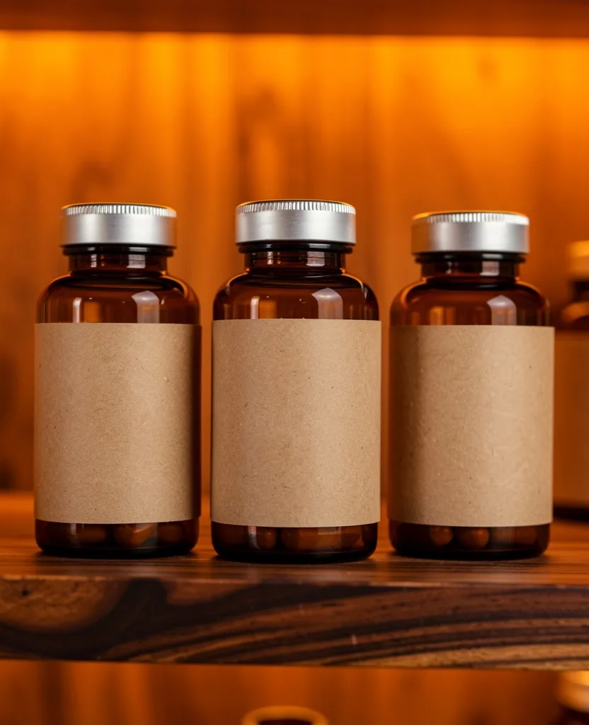 Amber supplement bottles on a shelf